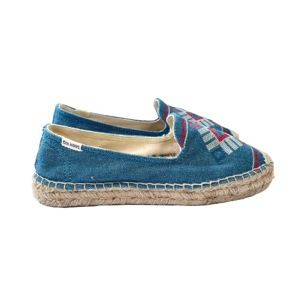 Soludos Espadrille Slip On Shoes, Denim Blue with Red & White Accents, US Size 8 - Picture 5 of 9